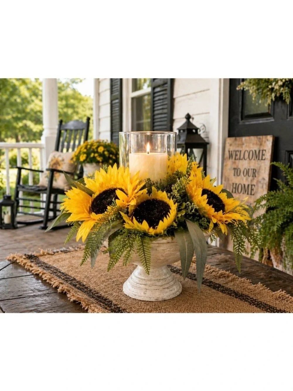 Sunflower Candle Holder Arrangement w/ Glass Hurricane on Distressed Pedestal